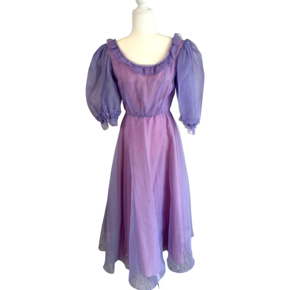 Vintage 60s 70s Lavender Chiffon Maxi Dress Purple Puff Sleeve ILGWU Prairie S
